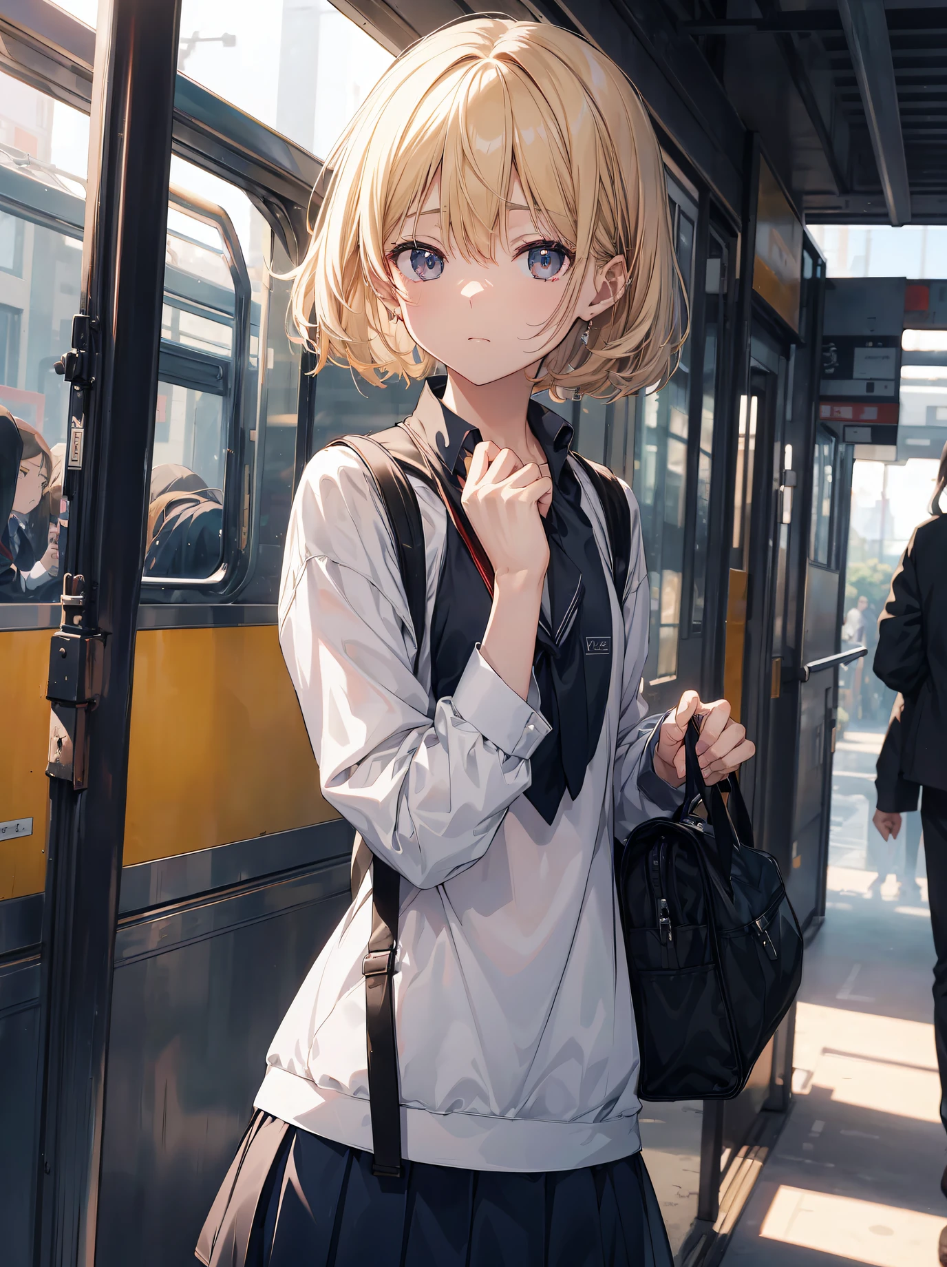God quality, anime moe artstyle,best anime 8k konachan wallpaper,badass anime 8k,perfect anatomy, (Please draw a girl walking sleepily to school. ),break, 1girl, (Solo,Loli,,13-ye-ol3),a ior high sctudent, androgynous charm, (Very Short hair),messy hair, Full limbs, complete fingers,flat chest, Small butt, groin, Small eyes,finely detailed beautiful black eyes,disgusted eyes, school Uniform, in the School commute route. break,ultra-detailed,high resolution,super detailed skin, professional lighting,8k eye details, (cool illustration:1.2),
