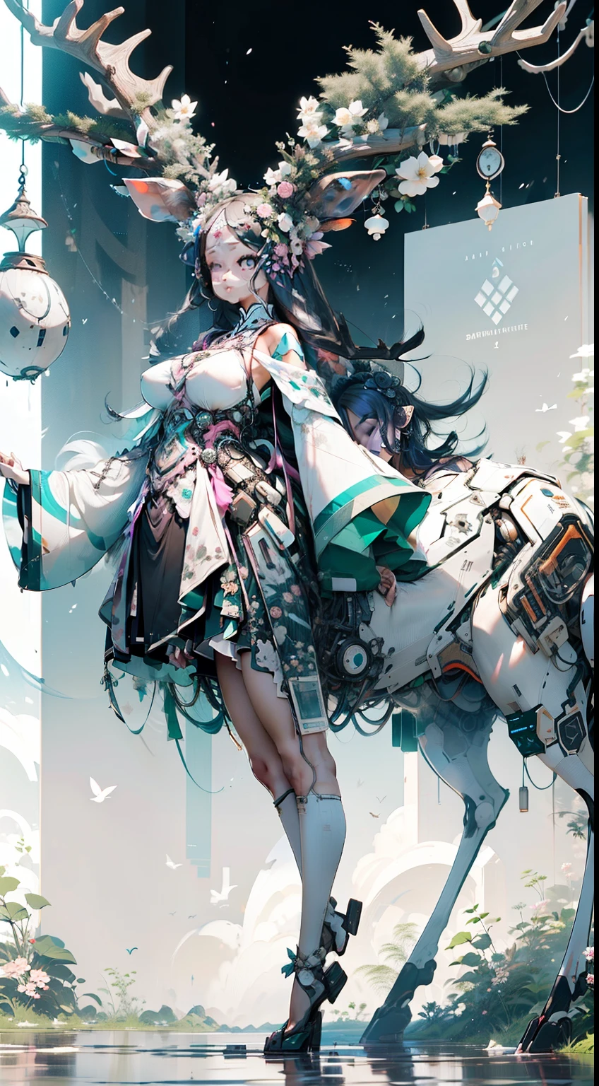 Deer girl with deer body,Nice face，Full body photo，Perfect facial features， Has four extremely exaggeratedly thick and long legs，japanese manga, Huge antlers, overmany, Digital simple background, Digital white background, String, silk dress, Latte, Cute big breasts, fail, everlasting, Full body lesbian, melted, Hair color,Rainbow-colored hair，Very long hair， hair adornments, digital face, digital body, Curved body, three meters long hair, Enclosed installation, Closed breasts,a skirt, view view,tall, high high quality, highly, Full body photo。