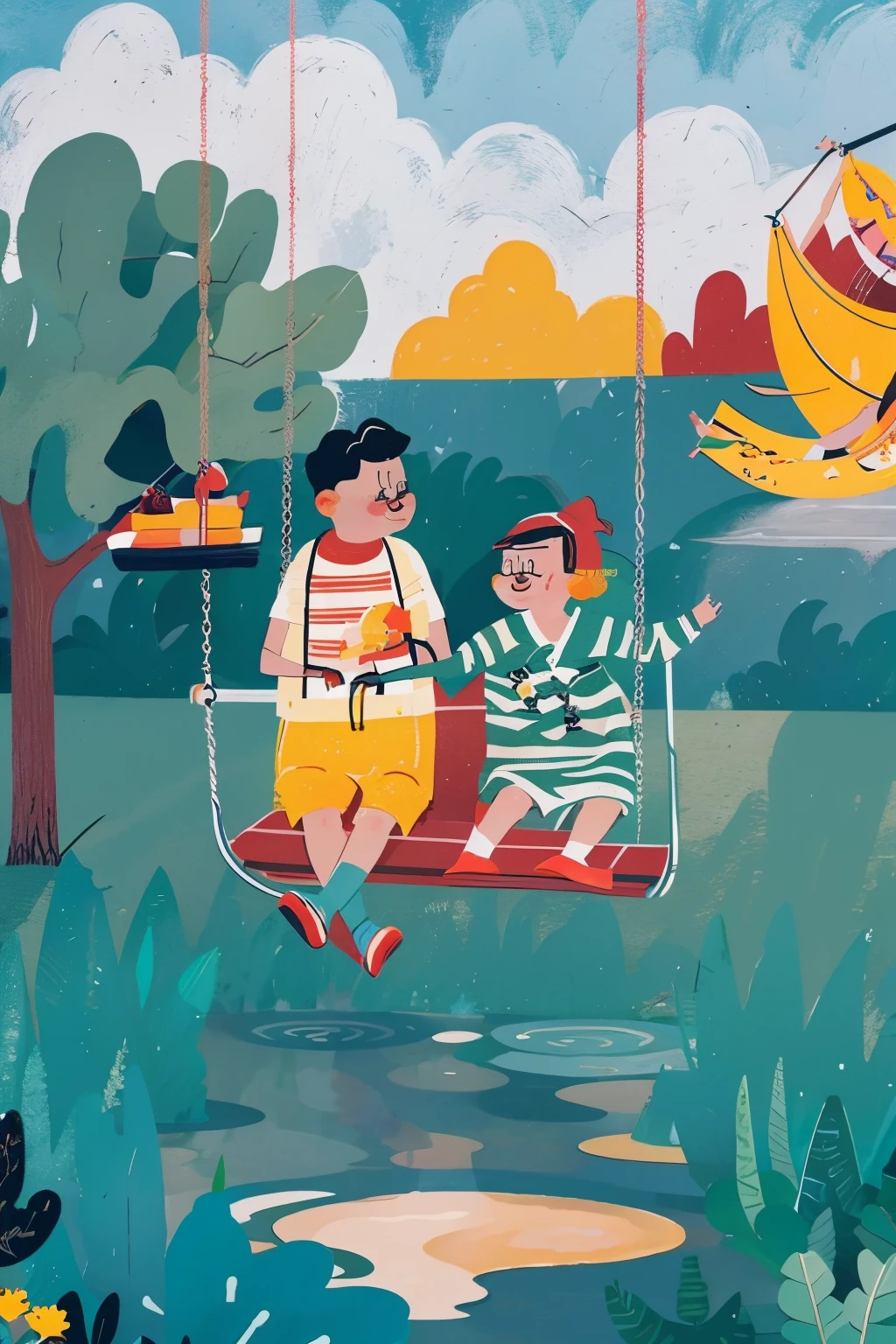 a warm color palette，childhood，Inside the park，Swing，Cute ??? characters，Beautiful illustrations