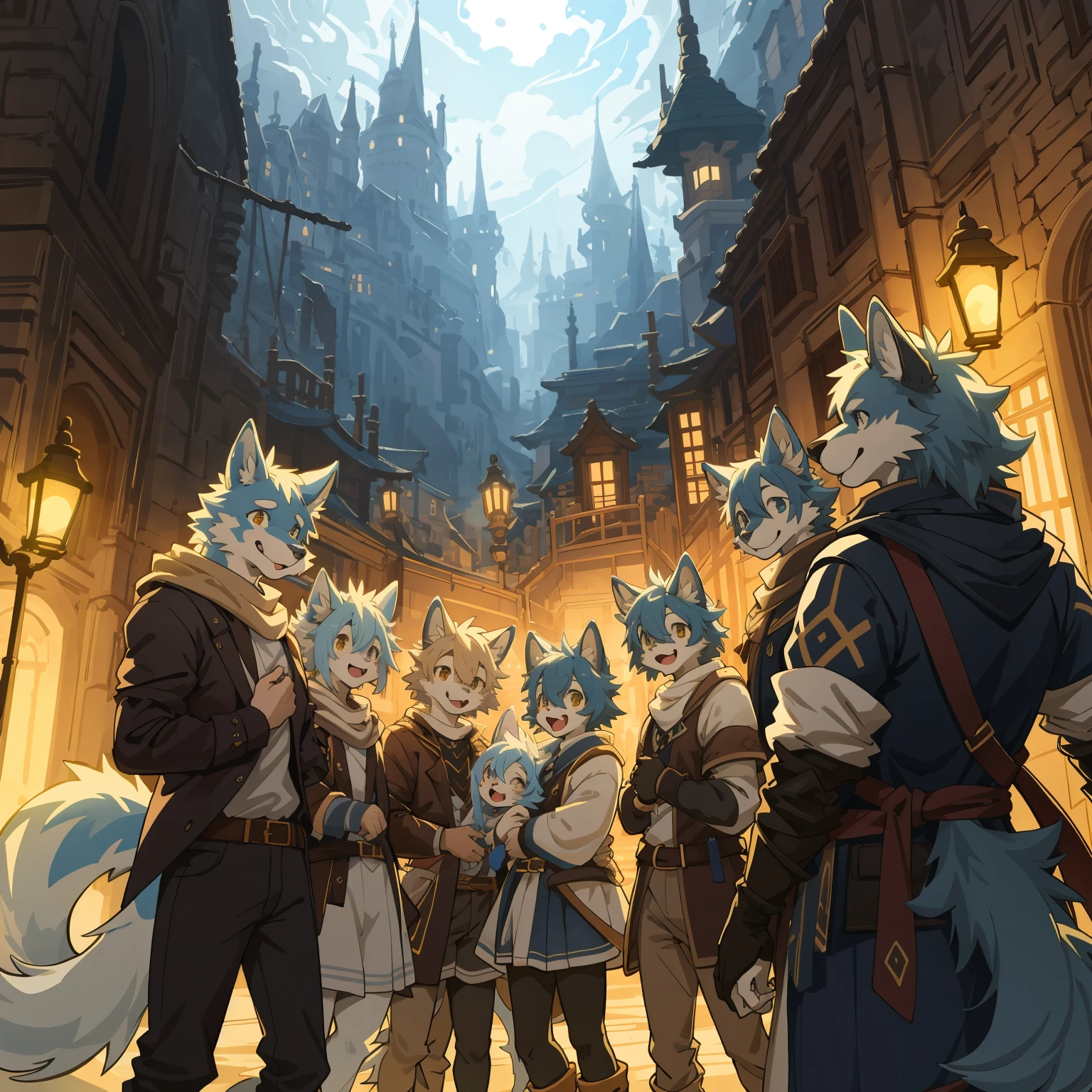 cover_page, highres, top quality, best quality, paid reward available, High-quality illustrations, unparalleled masterpiece, perfect artwork, absurdres, super high resolution, detailed background, Gaslight Fantasy, Beautiful World Heritage, group shot, 6+boys, 6+girls, Happy, joyful(Photo of family trip)(kemono, furry anthro)cinematic lighting, dynamic angle,