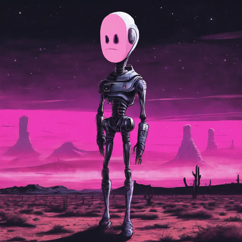 A pink cowboy alien standing in a desolate wasteland, with a weary expression on its face. In the distance, a giant ((((marshmallow)))) looms, emitting an eerie glow. The alien's cowboy hat is slightly askew, and its metallic body bears scars and scratches from past battles. The sky above is a deep purple, The scene is both whimsical and unsettling, with a touch of dark humor.