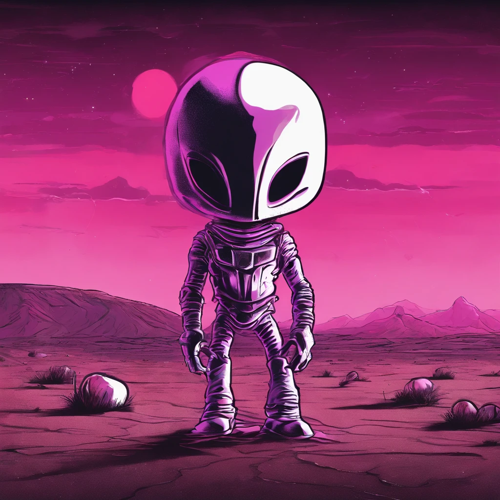 A pink cowboy alien standing in a desolate wasteland, with a weary expression on its face. In the distance, a giant ((((marshmallow)))) looms, emitting an eerie glow. The alien's cowboy hat is slightly askew, and its metallic body bears scars and scratches from past battles. The sky above is a deep purple, The scene is both whimsical and unsettling, with a touch of dark humor.
