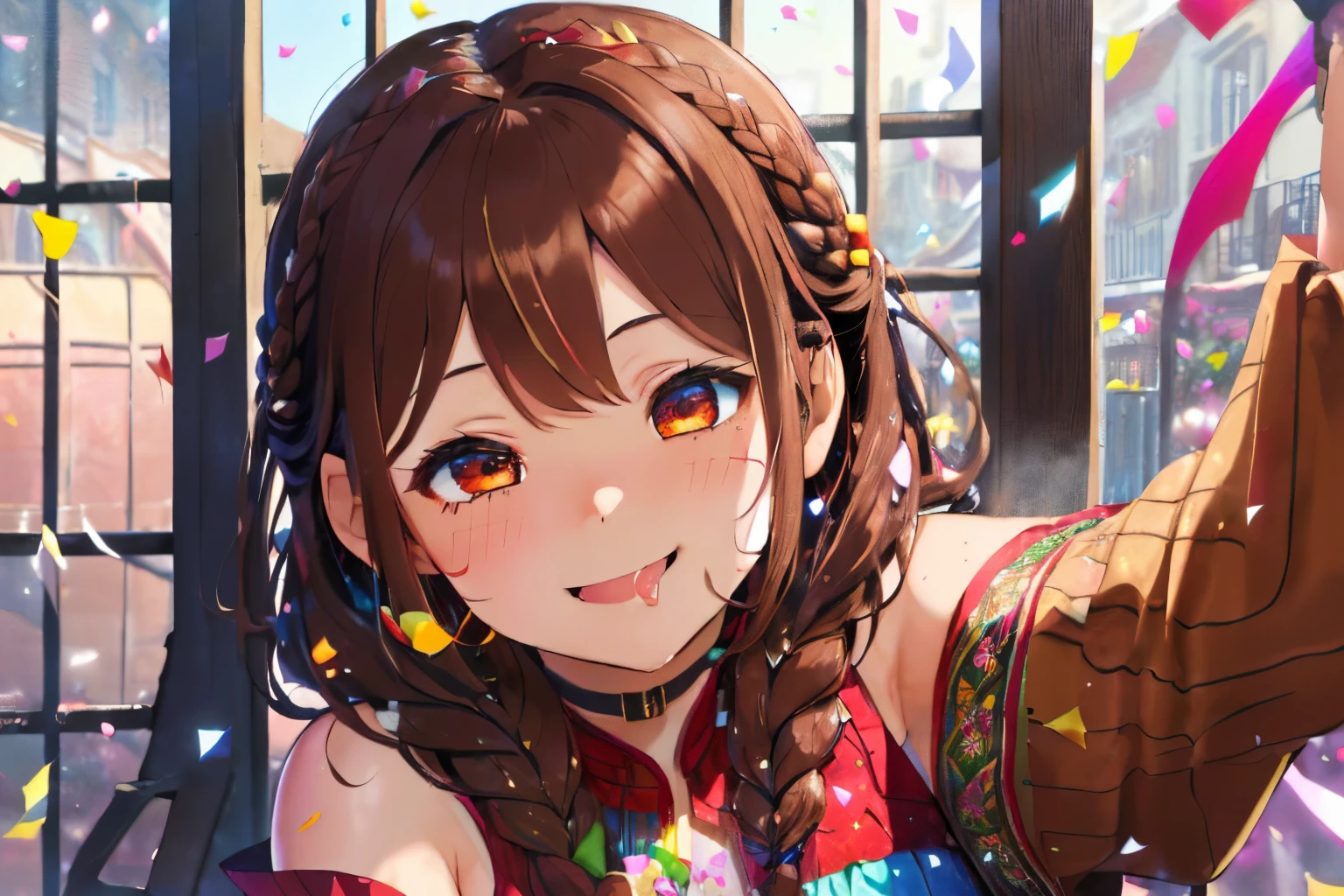 fluffy hair,dark brown hair,((Braided shorthair)),Slightly red tide,((Brown eyes)),(Arched gate decorated with colorful flowers),A building shaped like a birdcage,((Overflowing smiles)),(((close up of face))),((dance with arms wide open)),((Close both eyes)),(he is smiling with his mouth wide open.),((Colorful confetti)),(Festive atmosphere),