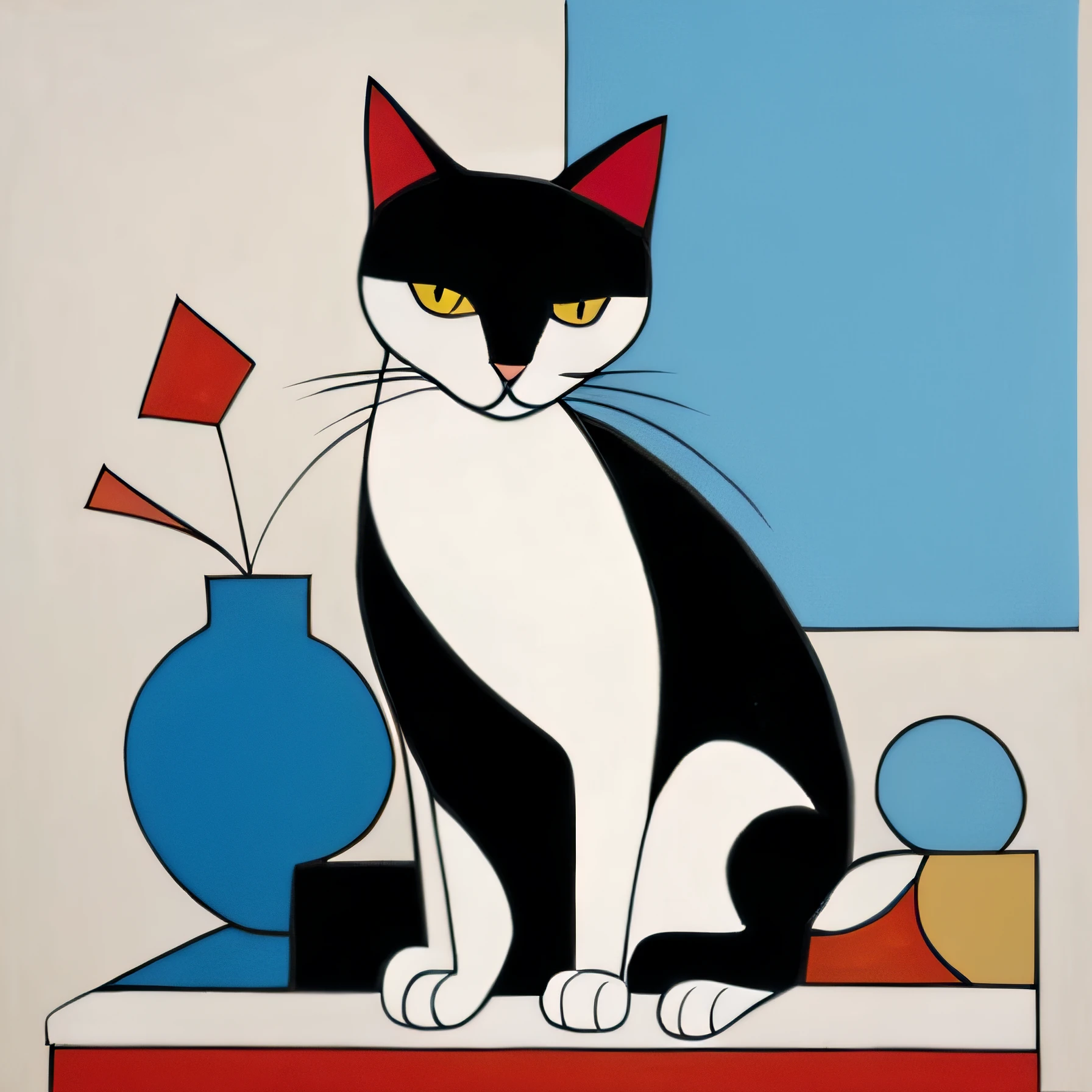 Painting of a cat sitting on a table on a white background, author：Darov Ipka, Inspired by Darov Ipka, Inspired by Will Barnett, By Jean Hey, cubism style, A painting of a cat, author：alfred manessier, catss, in cat paintings, author：Stuart Davis, author：Sophie Tauber-Arp