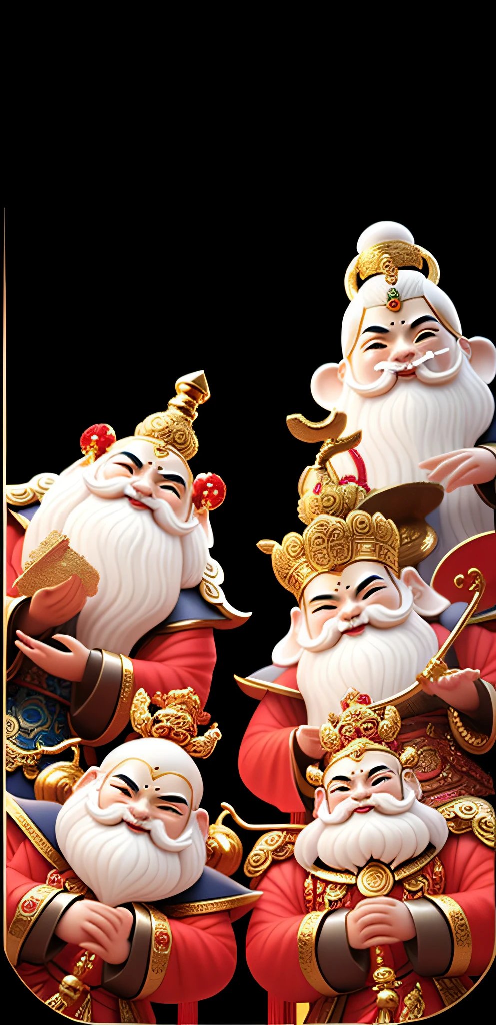 Close-up of a group of Gods of Wealth paying New Year greetings, Chinese Fantasy God of Wealth,Wear gold with silver，ssmile，extremely high resolution,3D,