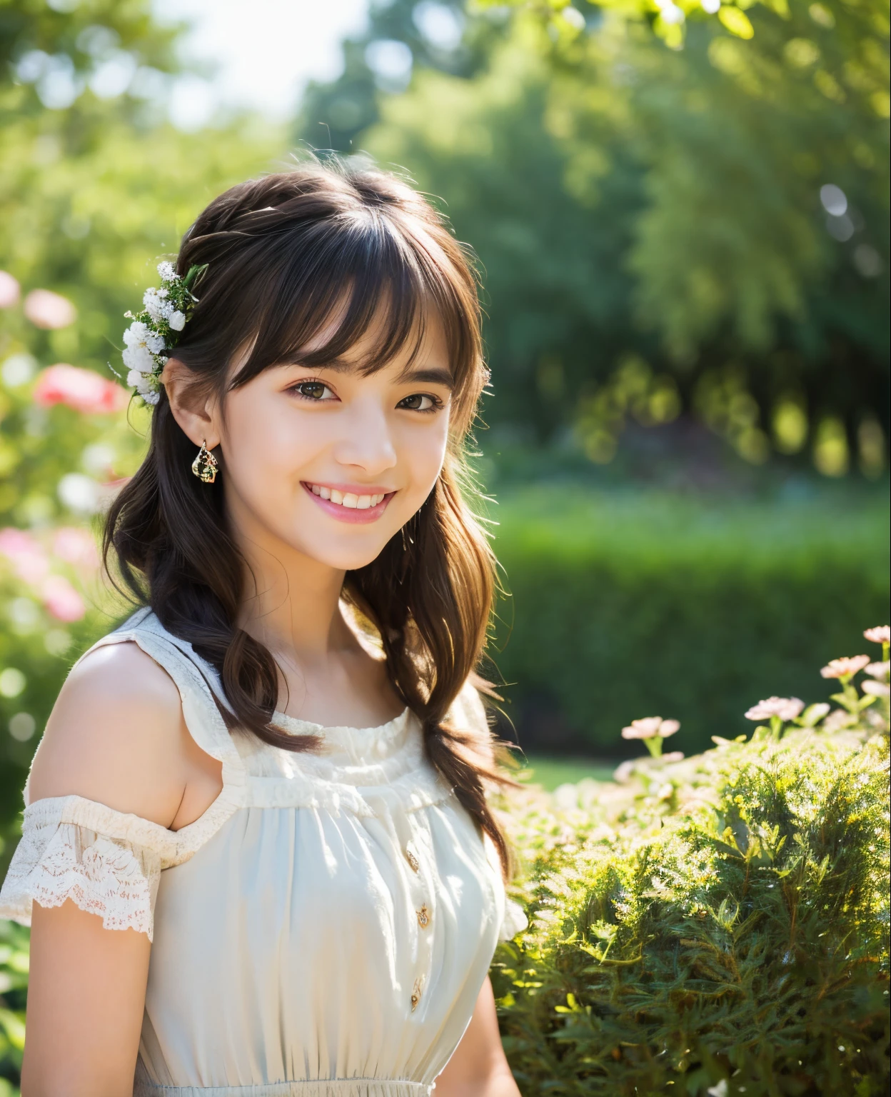 ((Masterpiece)), 8k, highest quality, 1 girl, solo, realistic, garden, photorealistic, super detailed, detailed background, (Solo: 1.4), wearing a simple dress, happy expression, slender body , Realistic and Detailed Half Hair, Intricate Details, Masterpiece, Top Quality, Waist Shot, ((Mountain Cottage Background)), Smile, ((Looking at Camera)), Earrings, Asymmetrical Bangs, Natural Chest,
