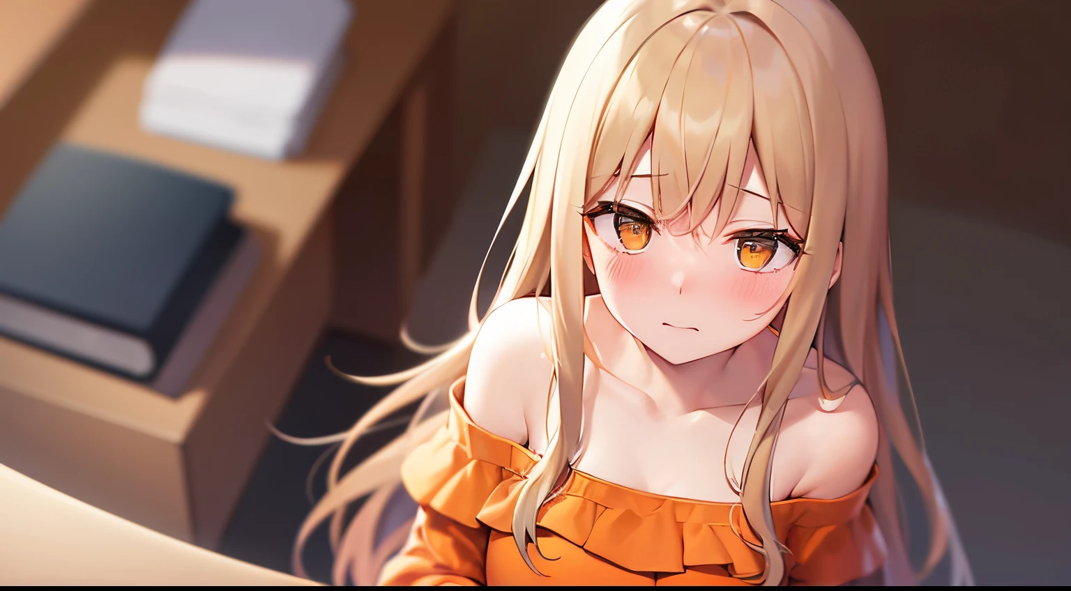 cinematic angle, Angle from above, High angle, masterpiece、hightquality、(Blonde long hair, yellow eyes)、An 18-year-old woman、(Alone:1.5)、(She is wearing an orange off-shoulder long-sleeved blouse.:1.3)、hands together, blush, (Embarrassed expression:1.1)、Close-up of the subject's face、(Only the upper body is shown.:1.3)、Bold composition、The background is a room
