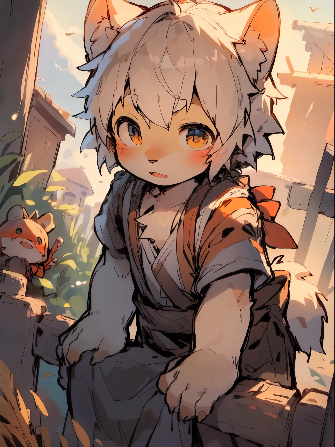Cute and detailed digital art, Very very beautiful furry art, Detailed fanart, high-quality wallpaper, dress up as a fisherman 🧥, furry fantasy art, Popular topics on artstation pixiv, shota,white color hair ,male people,(ddlers,baoll), Stood up, school(独奏))),(Zhao Weng,A little boy lnst the fence,Behind the fence are wheat fields),looking at viewert,angle of view,from the above,like a dream,baiyun,(Warm light source:1.2),rays of sunshine ,author:Pino Deheni, Crab clams, milkytiger1145, Dagasi, Sam,