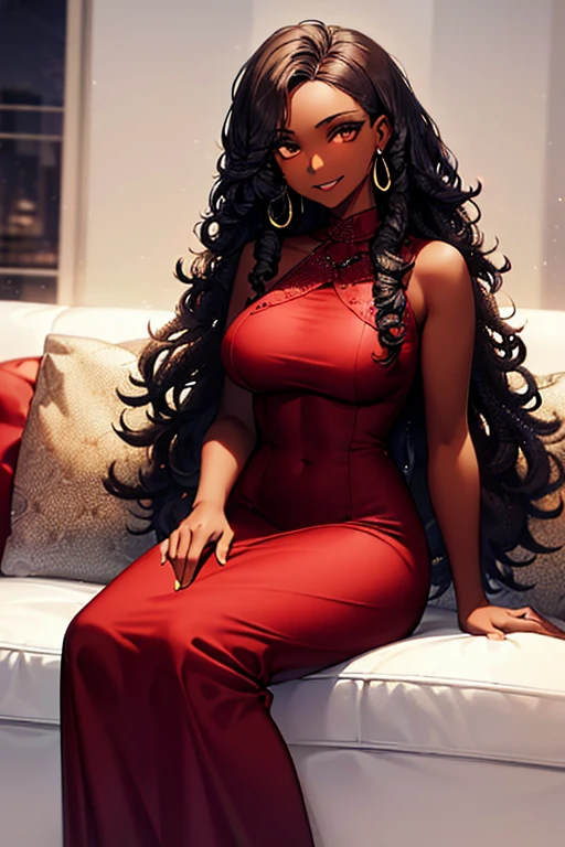 black woman, ((dark skin)), ((sitting on a dark red sofa)), dark brown eyes, ((black curly hair)), ((hair for back)), ((cell phone)), ((long white dress)), ((oriental white dress)), smiling, great quality, masterpiece, beautiful hands, medium breasts, gold hoop earrings