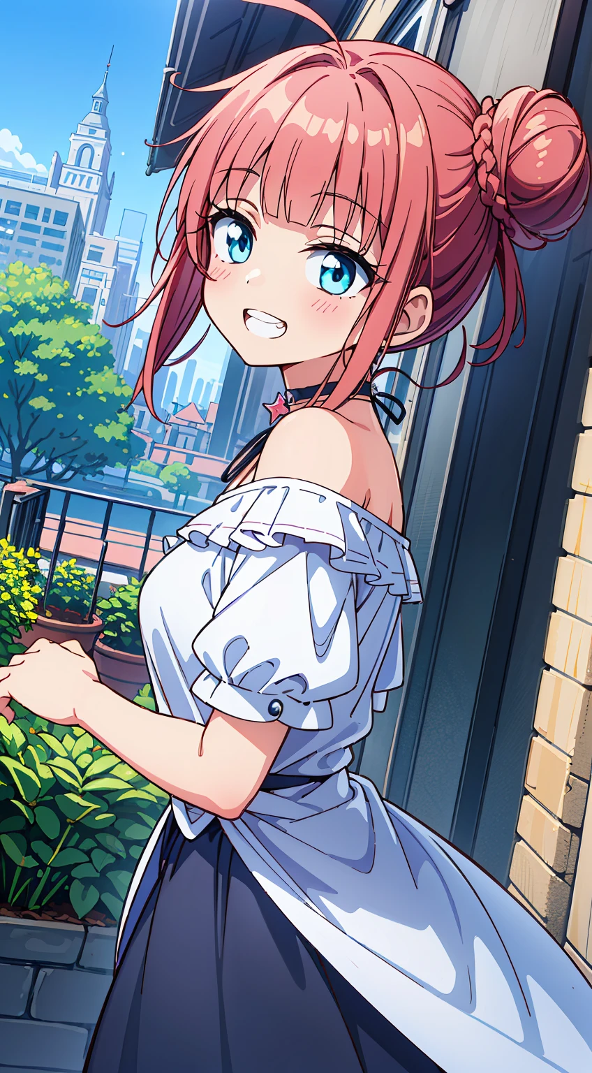 (Absurd realistic structure details),(High resolution complex and detailed text quality),(High-resolution microstructure、High Poly 3D Rendering Correction),Methods of geometry,Careful explanatory anatomy,
BREAK,
1 beautiful girl, (17 years old girl), 1 beautiful girl, (Cute:1.5), (Chibi: 0.8), (kawaii: 1.5), (Lori: 0.5), (17 years old girl), BREAK(Red hair, short-hair,2 hair buns,Blunt bangs:1.4),(:D,grin:1.3),BREAK,{Heterochromia,pale blue eyes,pale green eyes, Eye Highlights,The first hyperfine stars:1.5},star eye silhouette,(long eyelashes, Double eyelids:1.2),(de pele branca),BREAK,Clear skin,Beautiful skin, ,(best quality face),(Top quality glowing eyes), (The best smile,Doya face:1.45), BREAK (Pink Theme:1.4), (Vivid colors:1.3), (off shoulder shirt, White shirt, Puffy Short Sleeves:1.3), Belt bag,(Skirt, with floral pattern:1.2),tie,(lace-up boots:1.1),
BREAK,(early evening),Walking,a closed mouth,(architecture, building, Choker, city, Cityscape, Outdoors, potted plant,Street, Town:1.55), Waterfall,depth of fields,
BREAK,wakame,wakame,wakame,(Dynamic Angle:1.4),
BREAK,(Blurry background:1.3),(absurderes, hight resolution, Super Detail Art),cel shading,Clear Color, Lonely optical effect, Beautiful pictures, Bright glow, mystic atmosphere,(Close-up of girl:1.1), Mystical light particle effect,manga influence, clean line drawings,