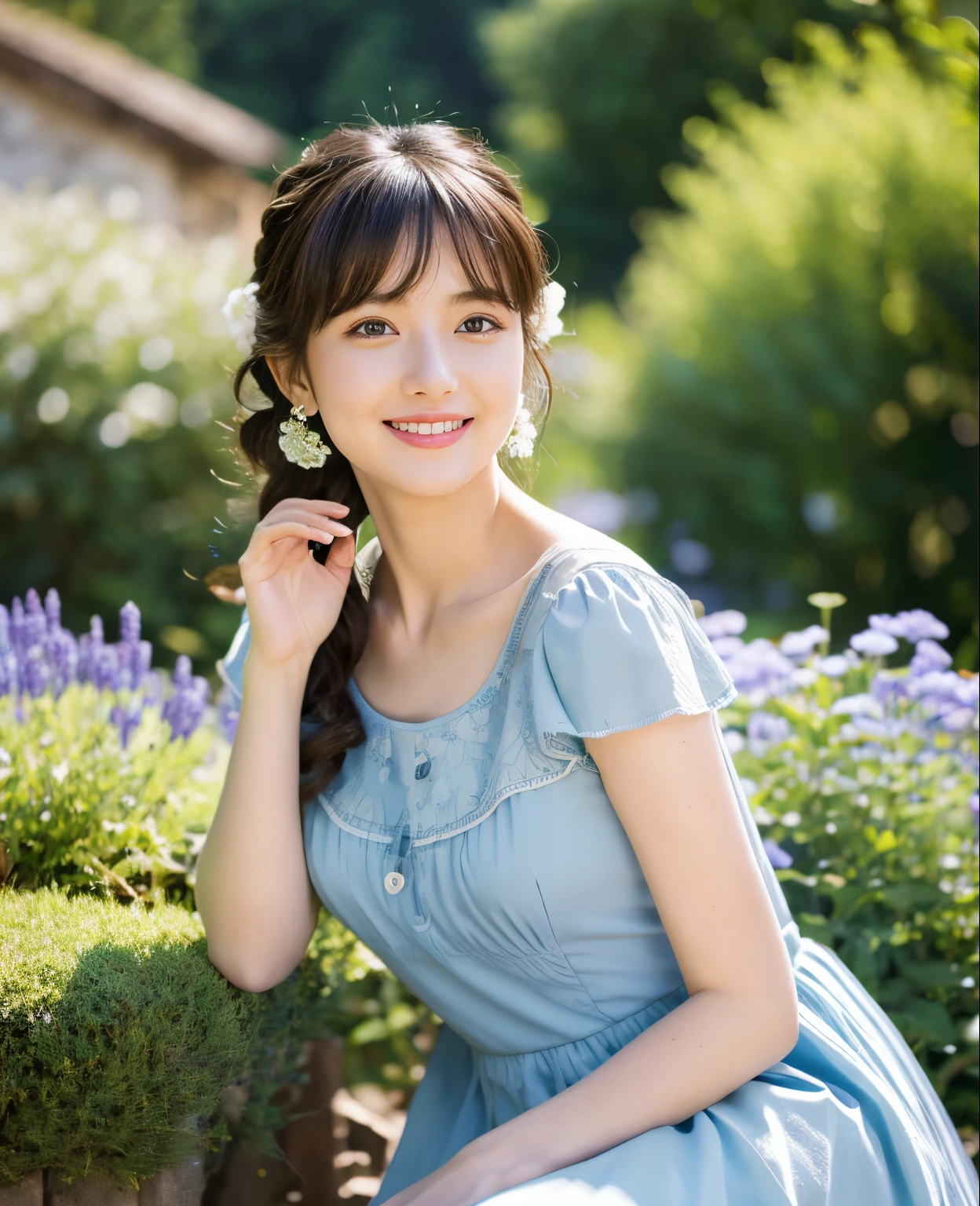 ((Masterpiece)), 8k, highest quality, 1 girl, solo, realistic, garden, photorealistic, super detailed, detailed background, (Solo: 1.4), wearing a simple light blue dress, happy expression, slender body , Realistic and Detailed Half Hair, Intricate Details, Masterpiece, Top Quality, Waist Shot, ((Mountain Cottage Background)), Smile, ((Looking at Camera)), Earrings, Asymmetrical Bangs, Natural ,