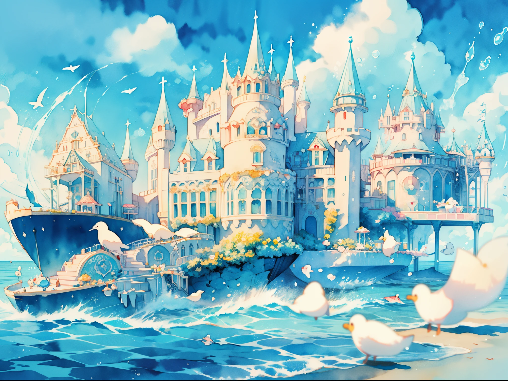 picture book illustration, watercolor storybook illustration, ((seaside castle)), (ocean beach), ((fantasy castle)), fairytale towers, clouds, vibrant pastel colors, dream, colorful, whimsical, magical, masterpiece, best quality, sharp focus, intricately detailed environment, fine detail, 8k resolution, (colorful), cute