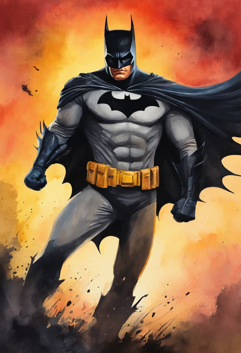 Silhueta do Batman, andando em um campo verde, watching a brilliant sunset