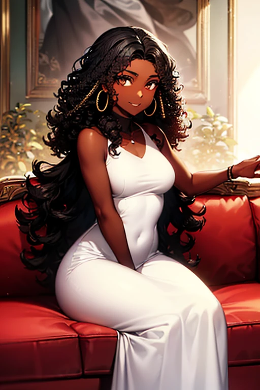 black woman, ((dark skin)), ((sitting)), ((dark red sofa)), dark brown eyes, ((black curly hair)), ((hair for back)), ((cell phone)), ((long white dress)), ((oriental white dress)), smiling, great quality, masterpiece, beautiful hands, medium breasts, gold hoop earrings