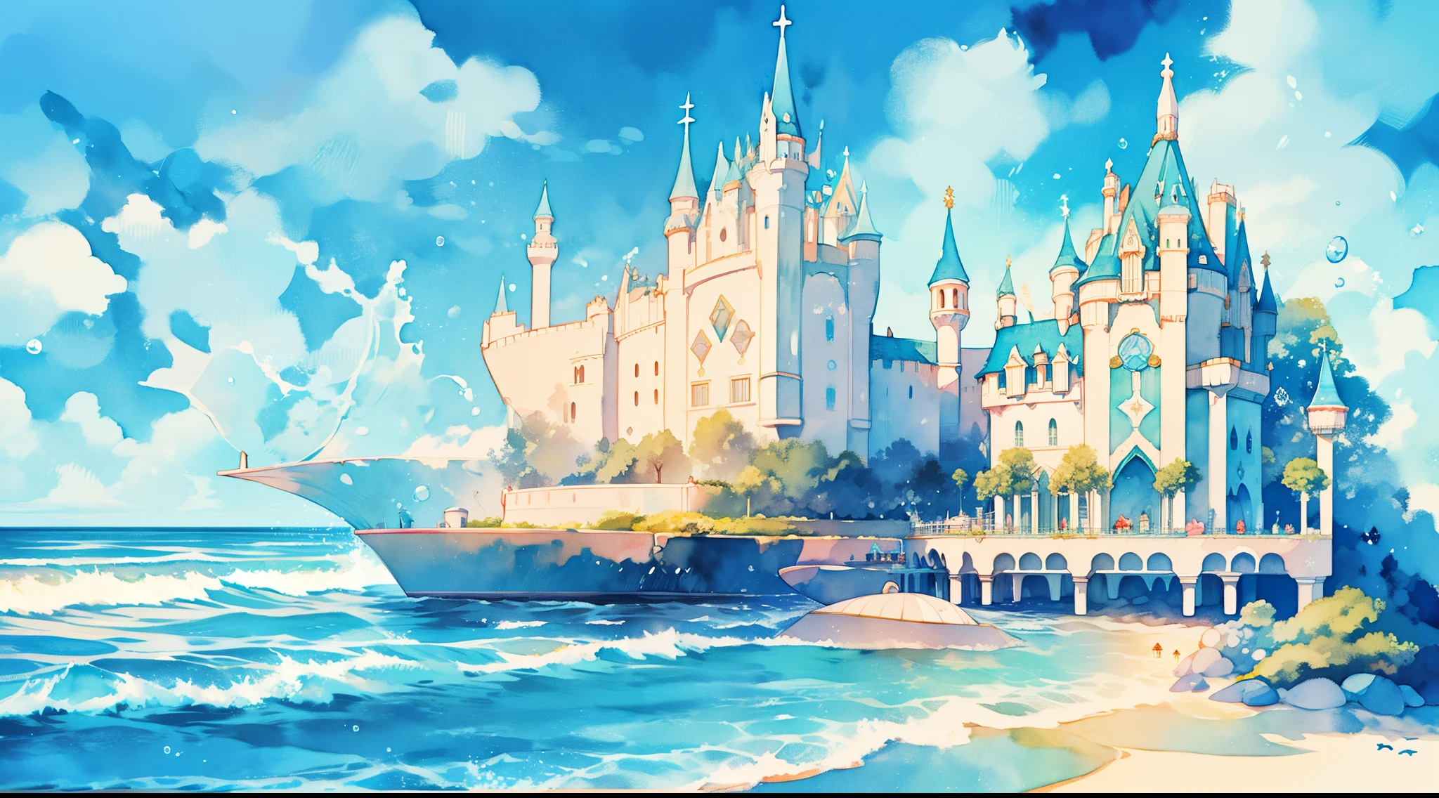 picture book illustration, watercolor storybook illustration, ((seaside castle)), (ocean beach), ((fantasy castle)), fairytale towers, clouds, vibrant pastel colors, dream, colorful, whimsical, magical, masterpiece, best quality, sharp focus, intricately detailed environment, fine detail, 8k resolution, (colorful), cute