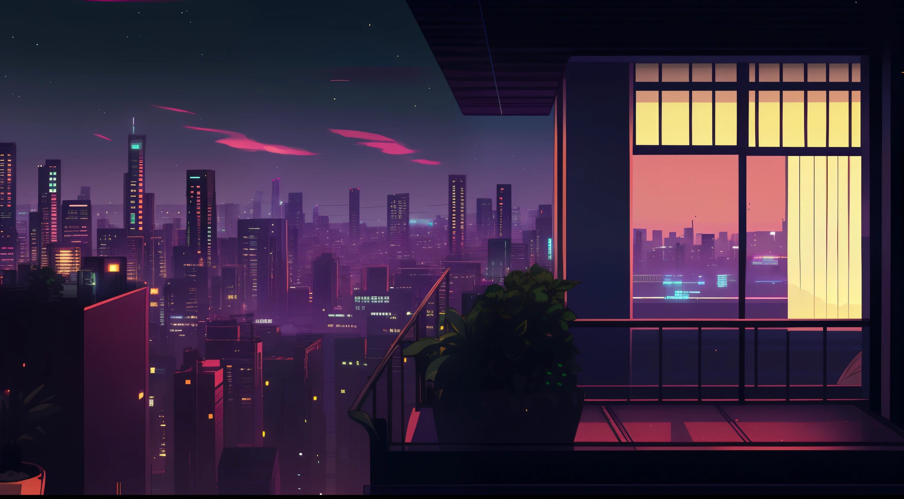 Enjoy the city night view from the balcony，Plants in the foreground, Lopfe art style, Loepfe hip hop, Alena Emimi style, Inspired by Alaina Amy, lofi art, The Art of Alaina Aimi, lofi aesthetics, lofi vibes, lofi feel, by Alaina Enami, Lo-Fi illustration style, anime style cityscape