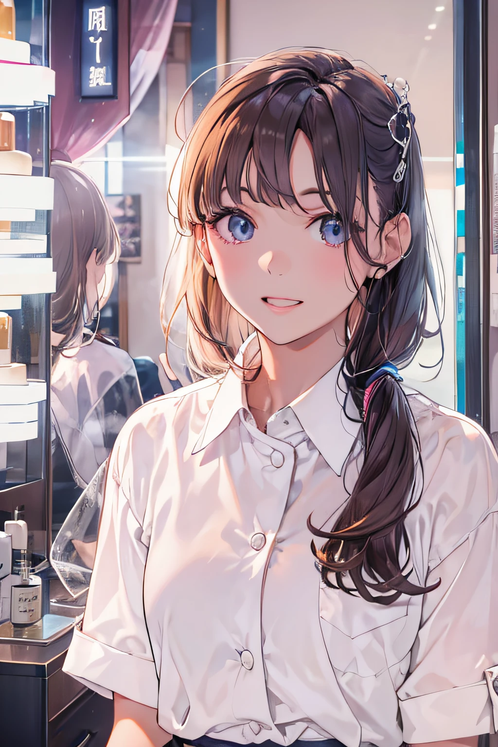 Tokyo Nakano Beauty Salon、whitish interior、Hairdresser、25、White shirt、Looks fun、skirt by the、Backlight illumination、Looking at the camera