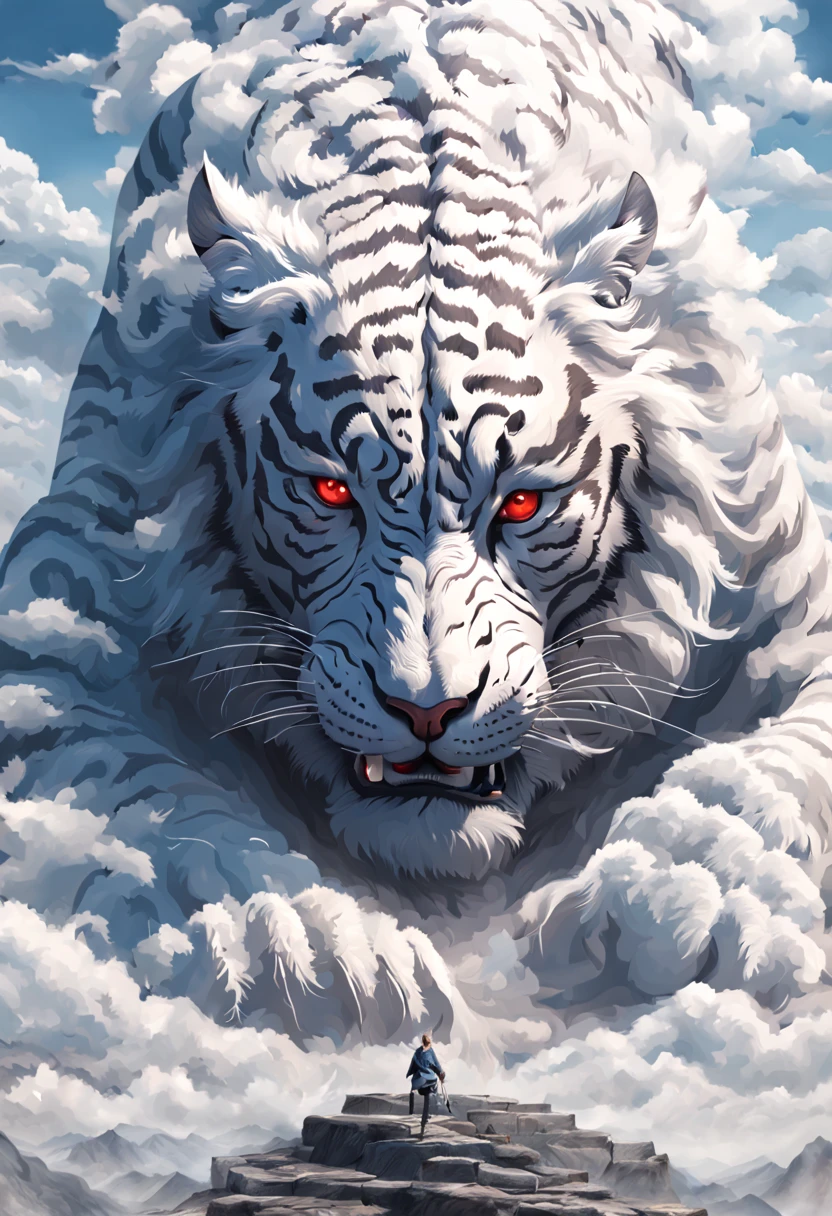 Hyperrealistic art BJ_Sacred_beast, red_eyes, outdoors, horns, sky, teeth,day, cloud, no_humans, cloudy_sky, scenery, smoke, mountain, white tiger, cinematic lighting,strong contrast,high level of detail,Best quality,masterpiece, Extremely high-resolution details, photographic, realism pushed to extreme, fine texture, incredibly lifelike