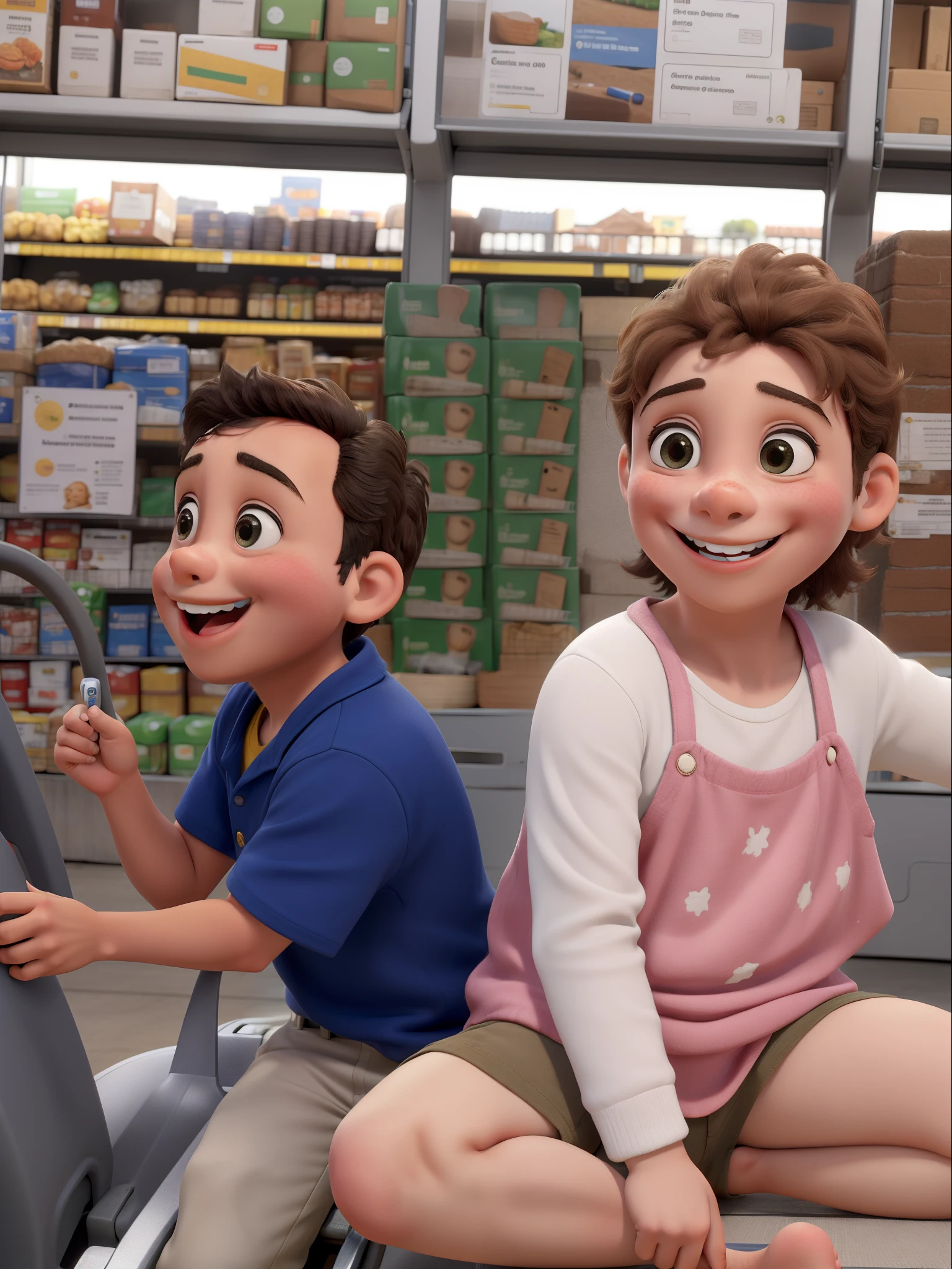 Obra-prima, de melhor qualidade, um de 2 anos sorrindo e uma meninaanos sorrindo, ambos sentados em um carrinho de supermercado