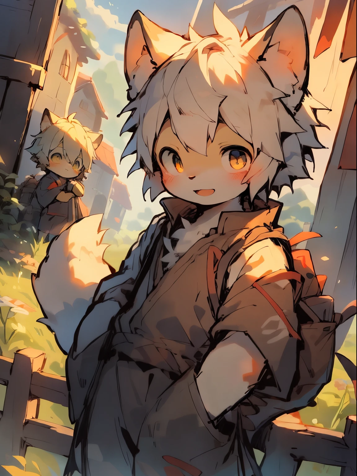 Cute and detailed digital art, Very very beautiful furry art, Detailed fanart, high-quality wallpaper, dress up as a fisherman 🧥, furry fantasy art, Popular topics on artstation pixiv, shota，white color hair ，male people，（ddlers，baoll）， Stood up， school（独奏））），(Zhao Weng，A little boy lnst the fence，Behind the fence are wheat fields)，looking at viewert，angle of view，from the above，like a dream，baiyun，（Warm light source：1.2），rays of sunshine ，author：Pino Deheni, Crab clams, milkytiger1145, Dagasi, Sam，