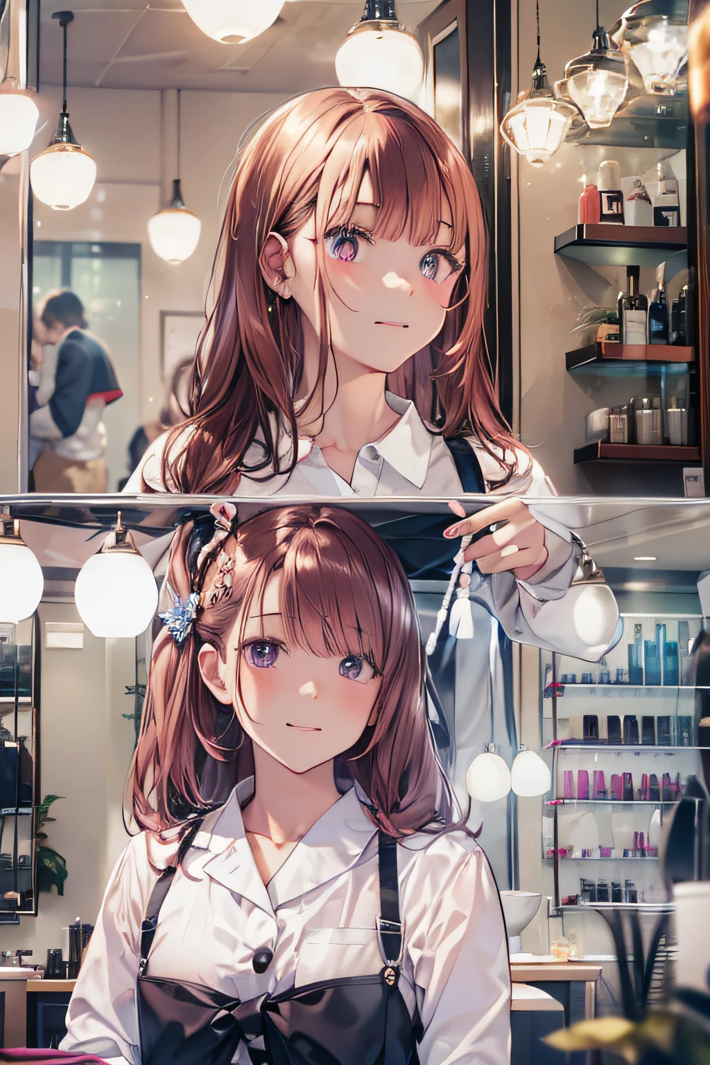 Tokyo Nakano Beauty Salon、whitish interior、Hairdresser、25、White shirt、Looks fun、skirt by the、Backlight illumination、Looking at the camera