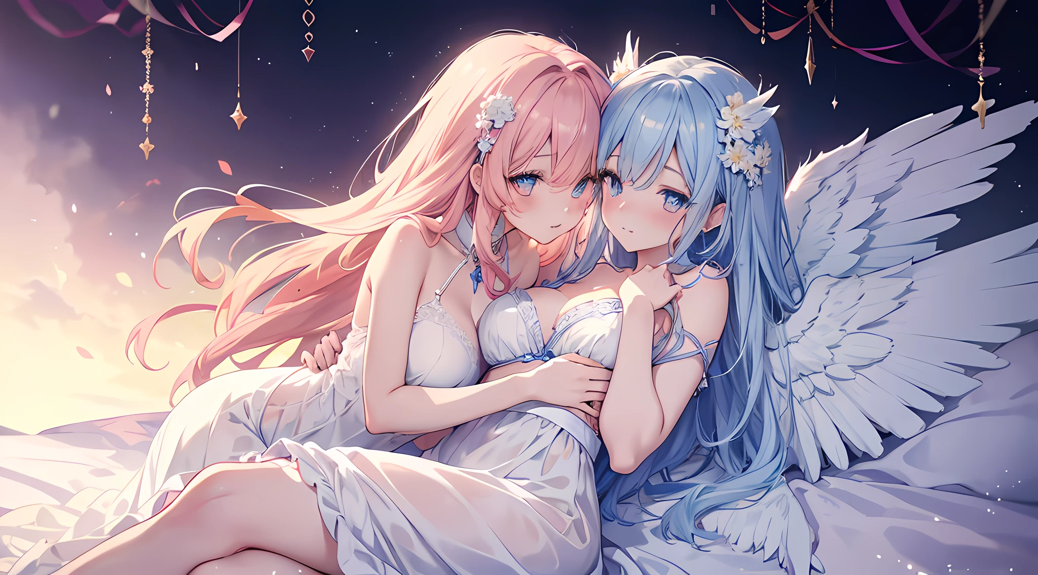 anime image of two angel girls in white long dress hugging on a bed, angel wings, (beautiful detailed eyes:1.6), touching breast, groping, two beautiful anime girls, seductive anime girl, 4k anime wallpaper, artwork in the style of guweiz, anime wallpaper 4k, anime wallpaper 4 k, ecchi anime style, lesbian art, smooth anime cg art, anime style 4k, kissing together cutely