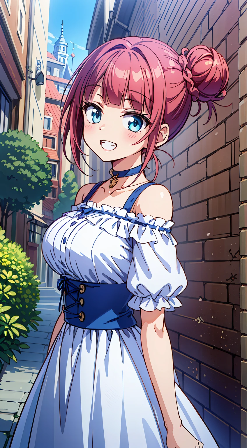 (Absurd realistic structure details),(High resolution complex and detailed text quality),(High-resolution microstructure、High poly 3 boobs boobs D rendering correction),Methods of geometry,Careful explanatory anatomy,
BREAK,
1 beautiful girl, (17 years old girl), 1 beautiful girl, (Cute:1.5), (Chibi: 0.8), (kawaii: 1.5), (Lori: 0.5), (17 years old girl), BREAK(Red hair, short-hair,2 hair buns,Blunt bangs:1.4),(:D,grin:1.3),BREAK,{Heterochromia,pale blue eyes,pale green eyes, Eye Highlights,The first hyperfine stars:1.5},star eye silhouette,(long eyelashes, Double eyelids:1.2),(de pele branca),BREAK,Clear skin,Beautiful skin, ,(best quality face),(Top quality glowing eyes), (The best smile,Doya face:1.45), BREAK (Pink Theme:1.4), (Vivid colors:1.3), (off shoulder shirt, White shirt, Puffy Short Sleeves:1.3), Belt bag,(Skirt, with floral pattern:1.2),tie,(lace-up boots:1.1),
BREAK,(early evening),Walking,a closed mouth,(architecture, building, Choker, city, Cityscape, Outdoors, potted plant,Street, Town:1.55), Waterfall,depth of fields,
BREAK,wakame,wakame,wakame,(Dynamic Angle:1.4),
BREAK,(Blurry background:1.3),(absurderes, hight resolution, Super Detail Art),cel shading,Clear Color, Lonely optical effect, Beautiful pictures, Bright glow, mystic atmosphere,(Close-up of girl:1.1), Mystical light particle effect,manga influence, clean line drawings,