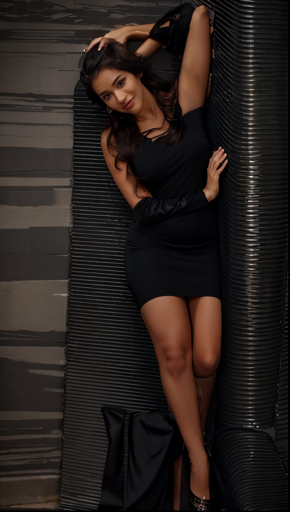 a woman in a black dress leaning against a wall, intertwined full body view, full body photoshoot, full body photogenic shot, she is wearing a black dress, full body photograph, with a seductive smile, full body shoot, glamour photography, black dress, glamour pose, full body photgraph, wearing a tight black dress, captivating and enticing