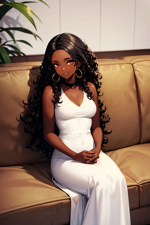 black woman, ((dark skin)), ((sitting)), ((dark red sofa)), dark brown eyes, ((black curly hair)), ((hair for back)), ((cell phone)), ((long white dress)), smiling, great quality, masterpiece, beautiful hands, medium breasts, gold hoop earrings