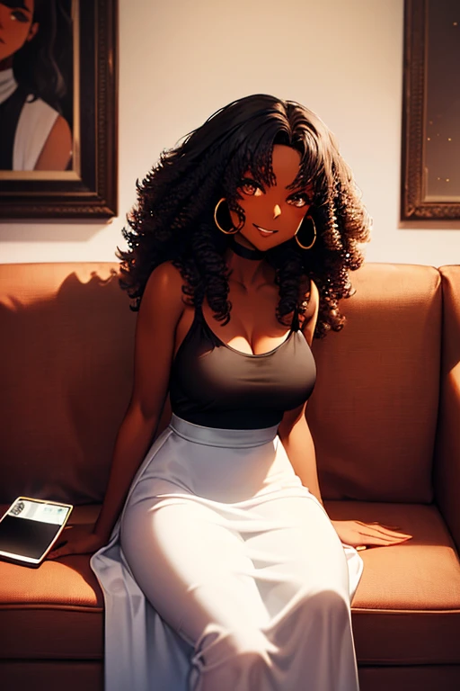 black woman, ((dark skin)), ((sitting)), ((dark red sofa)), dark brown eyes, ((black curly hair)), ((hair for back)), ((cell phone)), ((long white dress)), smiling, great quality, masterpiece, beautiful hands, medium breasts, gold hoop earrings