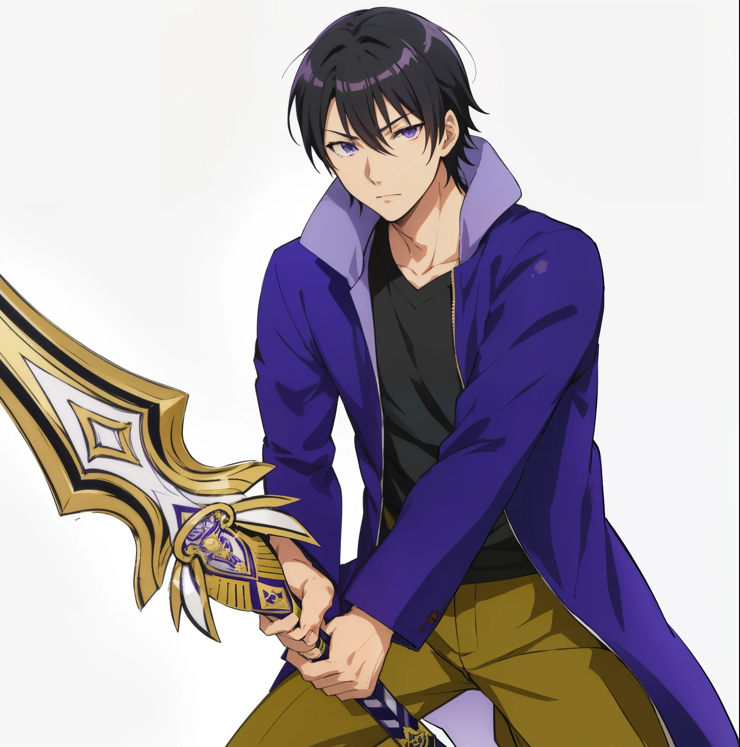 anime character with a sword and a purple jacket, okata kazuto, nobutaka ike, with large sword, hijikata toushirou, masamune shiro, heise jinyao, yuyushiki, shigenori soejima illustration, hijikata toushirou of gintama, handsome anime pose, holding sabre, anime handsome man