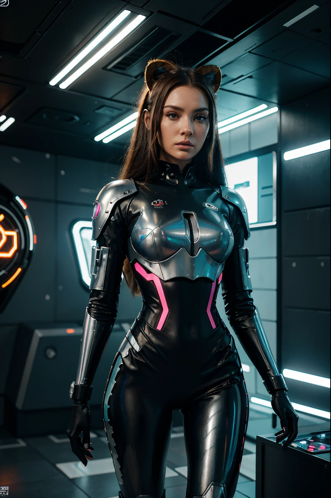 a close-up of a woman in a futuristic suit next to a lion, Barbie Cyborg, CGsociety inspirado, Neon jungle, neon light and fantasy, next gen, animated movie, Tendencias en ArtStation 4K, Awesome Digital Illustration, Tendencias en CGsociety, Neon scales and cyborg technology, Wojtek FUS, Tendencias en ArtStation HQ, girl in mecha cyber armor