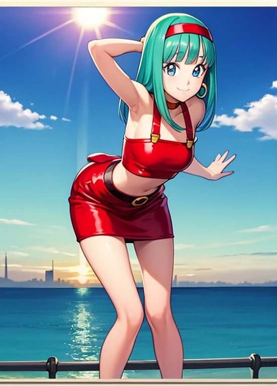 masterpiece, best quality, highest quality, photorealistic, perfect anatomy, perfect face, perfect eyes, blue eyes, aqua hair, brabulladbgt, red hairband, red dress, short red dress, hoop earrings, choker, solo, 1 girl, city, outdoors, sexy pose, smile, sunset,