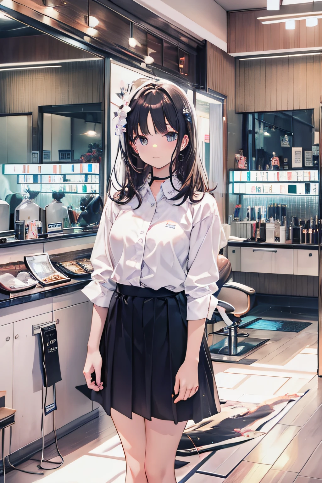 Tokyo Nakano Beauty Salon、whitish interior、Hairdresser、25、White shirt、Looks fun、Black skirt、Backlight illumination、Looking at the camera