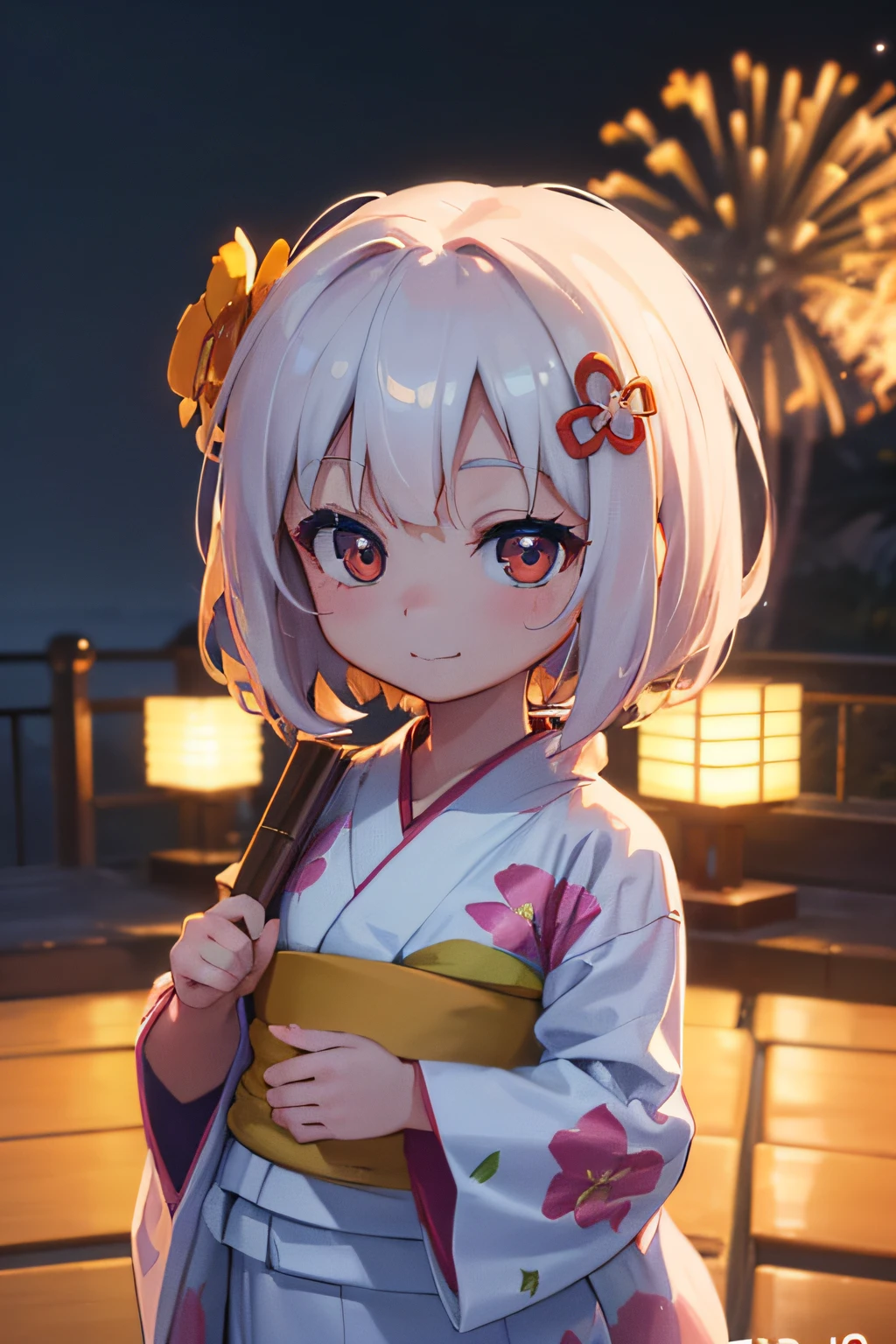 (3D Animation:1.3),(chibi character 3rd life:1.3),(Chibi Doll;1.3),Fantasy worldview,Cute and beautiful girl,Cute round face,Cute smile,(Wearing a yukata with a floral pattern on white fabric:1.3),Fireworks in the sky on riverbank background at night,Short hair with different inner colors: silvery white and orange,messy and stupid hair,Extreme close-up face,profetional lighting,Cinematic Light,(masutepiece,top-quality,Ultra-high resolution output image,) ,(The 8k quality,),(Sea Art 2 Mode:1.3),,(Image Mode Ultra HD,)