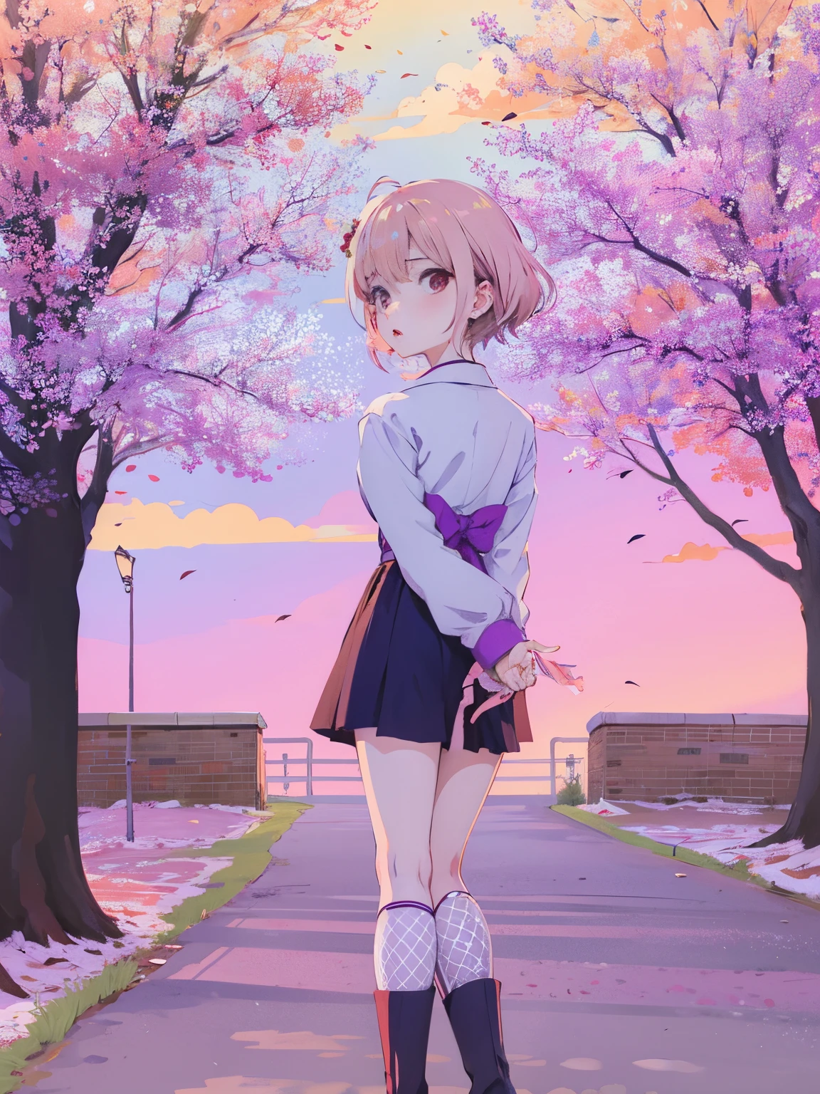 Chica anime con falda corta y medias ajustadas parada en un parque., Retrato de cuerpo entero de un corto!, en un estilo anime, en estilo anime, Estaciones!! : 🌸 ☀ 🍂 ❄, vibraciones de anime, Fanart oficial, Personaje de estilo anime, in the art style of 8 0 s anime, Yandere. alto, inspirado por Rei Kamoi, Loli en vestido