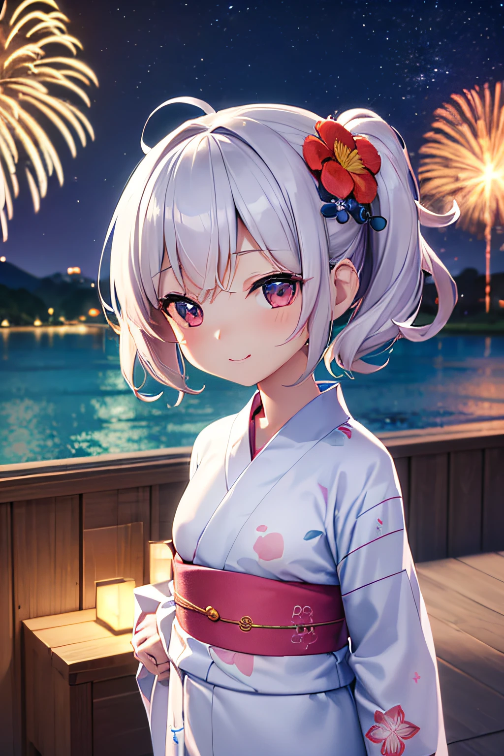 (3D Animation:1.3),(chibi character 3rd life:1.3),(Chibi Doll;1.3),Fantasy worldview,Cute and beautiful girl,Cute round face,Cute smile,(Wearing a yukata with a floral pattern on white fabric:1.3),Fireworks in the sky on riverbank background at night,Short hair with different inner colors: silvery white and orange,messy and stupid hair,Extreme close-up face,profetional lighting,Cinematic Light,(masutepiece,top-quality,Ultra-high resolution output image,) ,(The 8k quality,),(Sea Art 2 Mode:1.3),,(Image Mode Ultra HD,)