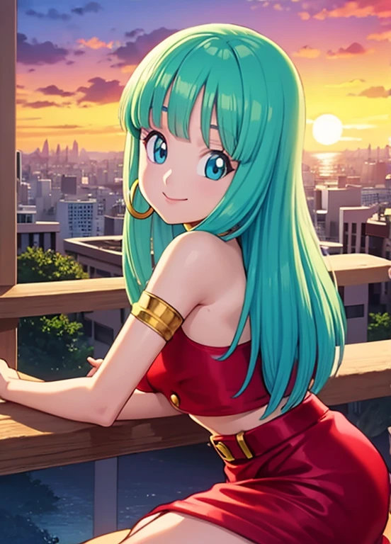 masterpiece, best quality, highest quality, photorealistic, perfect anatomy, perfect face, perfect eyes, aqua hair, brabulladbgt, red hairband, red dress, short red dress, hoop earrings, choker, solo, 1 girl, city, outdoors, sexy pose, smile, sunset,