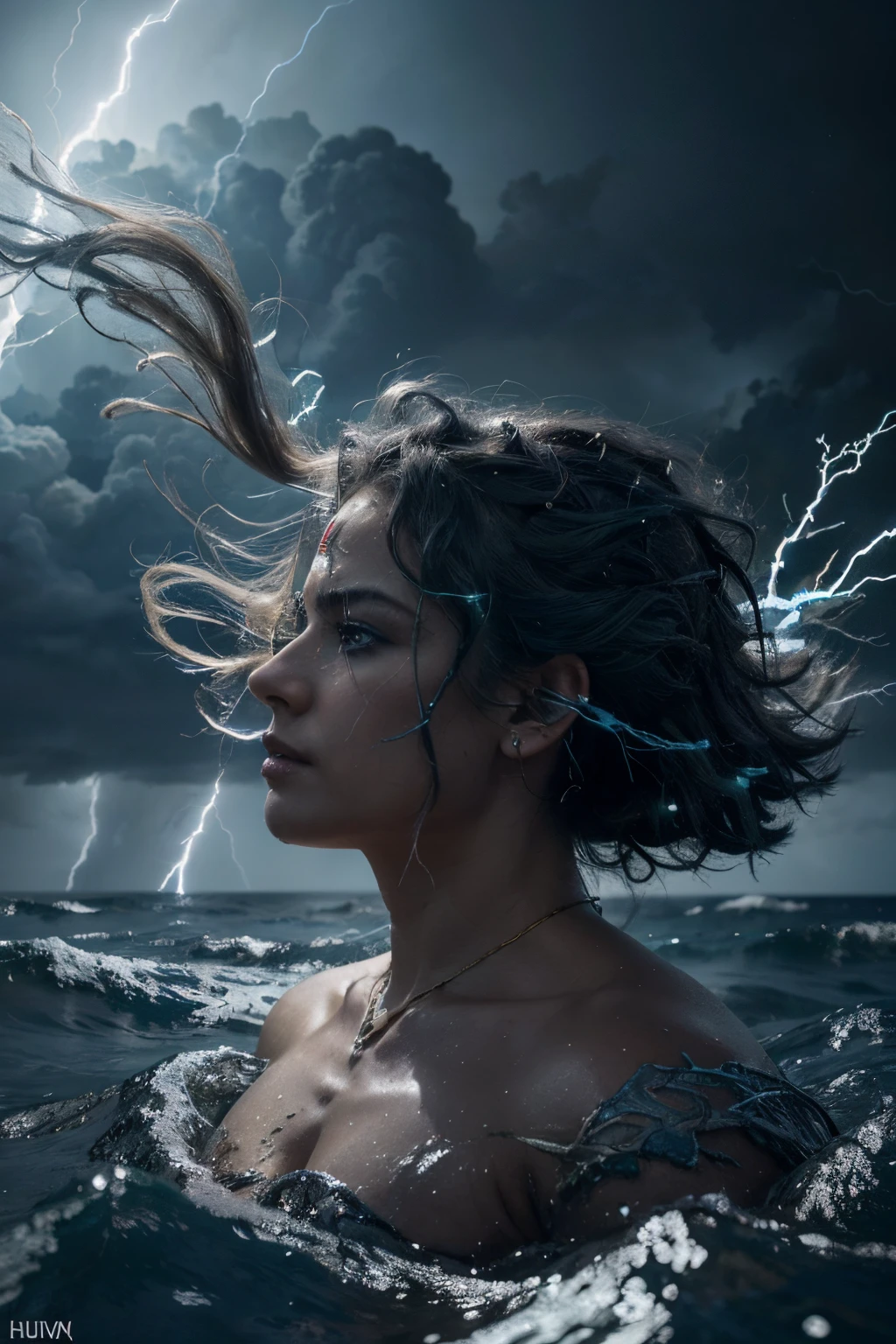 Thunder Deity,immense power,hovering above the sea,stormy ocean waves below,crackling lightning in fingertips,dramatic stormy clouds gathering,dynamic swirling winds,dark blue and grey color palette,ancient deity aura,lightning-shaped ornaments in hair,glowing aura of electricity,ornate gold and silver armor,commanding presence,eye of the storm backdrop,(best quality,4k,8k,highres,masterpiece:1.2),ultra-detailed,(realistic,photorealistic,photo-realistic:1.37),HDR,UHD,studio lighting,sharp focus,physically-based rendering,extreme detail description,professional,vivid colors,bokeh,