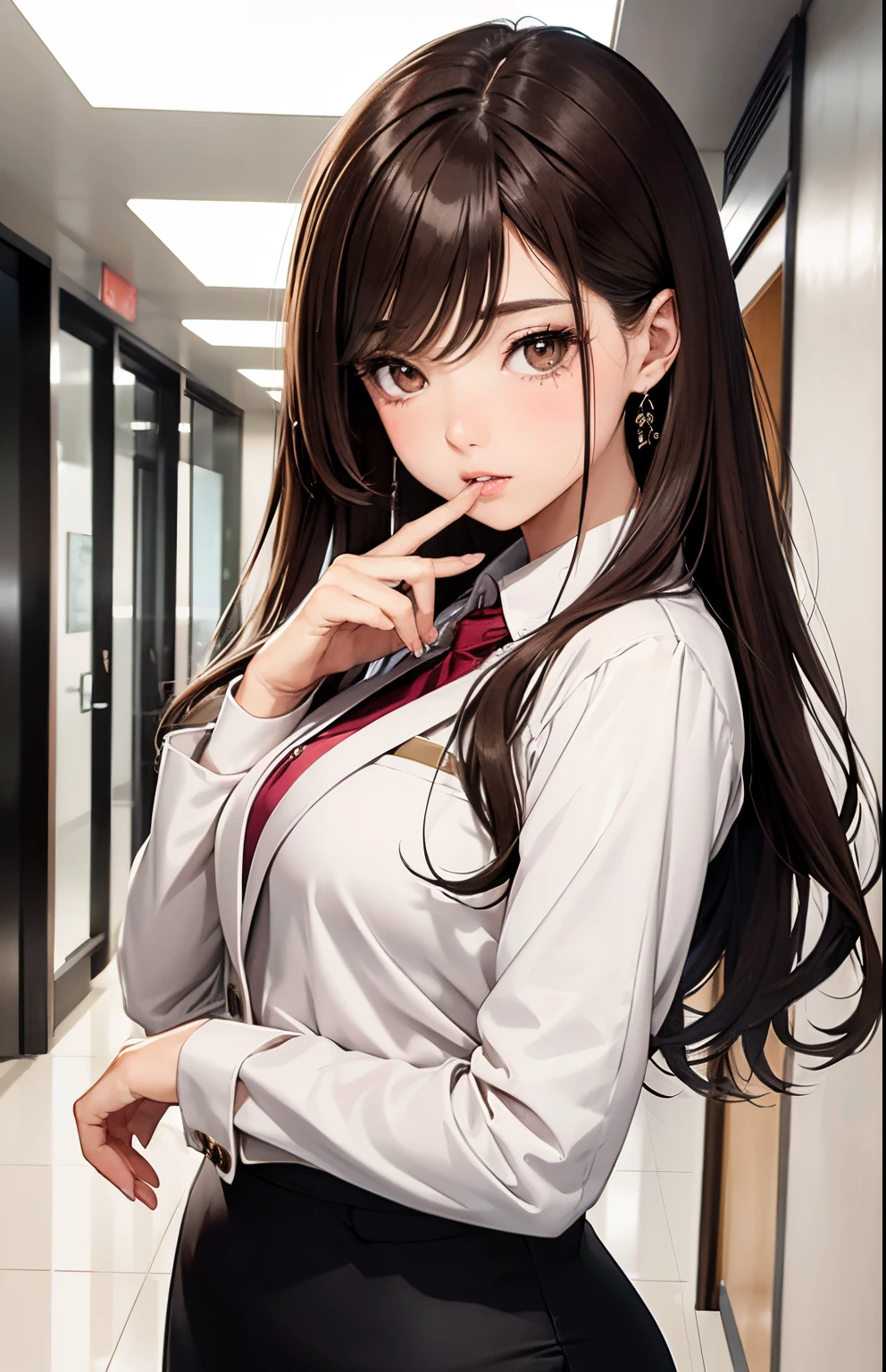 masterpiece、top-quality、hight resolution, modern office, indoor, hallway, High-quality images、8K, 1 woman、skin gloss、Texture of skin and clothing、Detailed eye expression、Lustrous hair, girl with long brown hair, Manga inspired by Lee Jong-suk, trending on deviantart, Realism, detailed manga style, manga art style, perfect lineart, beautiful line art, digital manga art girl, kpop idol, detailed brown eyes, plump lips, detailed gorgeous face, red blush, open mouth, (shocked expression), seductive, innocent, sideview, (perfectly detailed face), (well detailed hand) photorealistic image, depth of field, japanese hime cut hairstyle, ((wearing suit jacket, collared shirt long sleeves, casual pencil skirt)), narrow waist