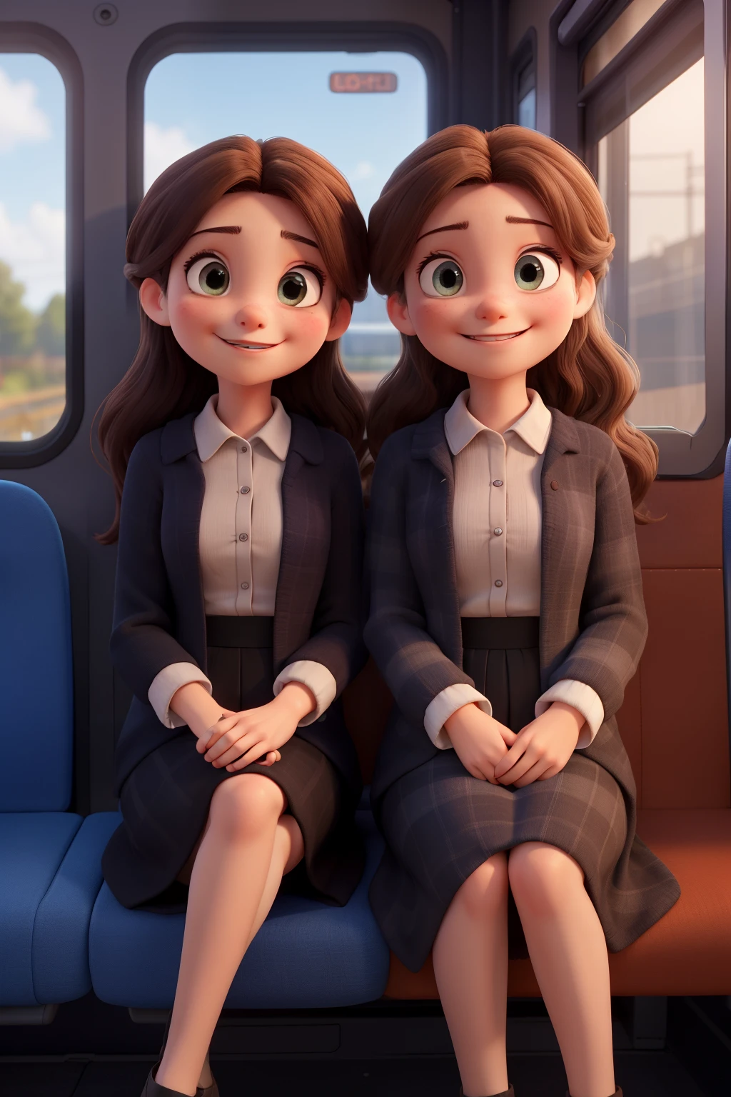 Two sisters sit next to eachother in train car with arms intertwined. They are wearing black robes for school uniforms. The seat is blue and black checkered with a wall behind. The one sister has a round face, mid length light brown hair with a middle part, hazel eyes. The other sister has an oval face, long hair with middle part, hazel eyes. The sisters are smiling and are happy. 3-D. The sisters are both 18. Both have straighter hair but different lengths. Closer up.