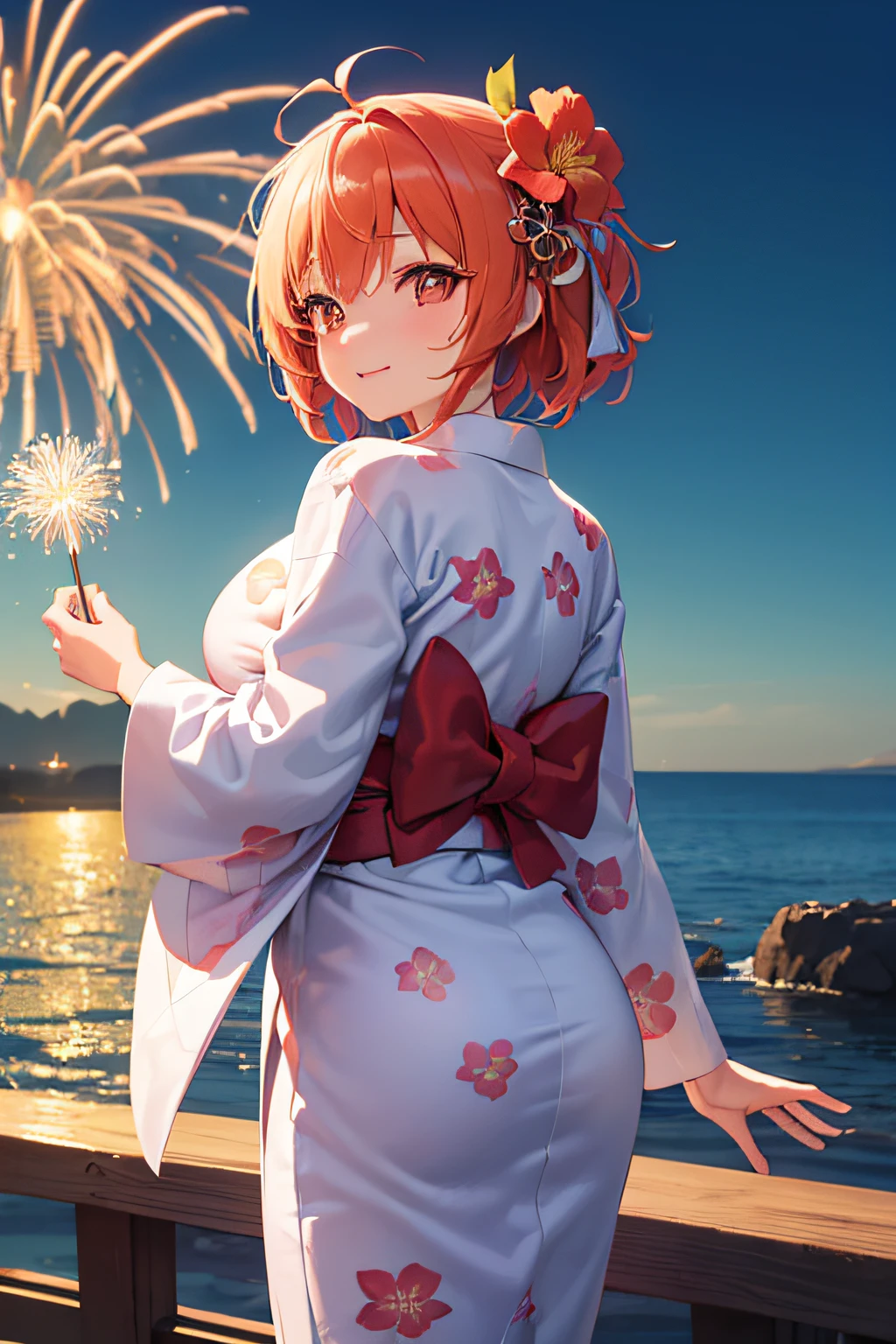 (3D chibi animation:1.3),(Chibi Chara:1.3),(Chibi;1.3),Fantasy worldview,Cute and beautiful girl,Cute round face,Cute smile,large full breasts,(Wearing a yukata with a floral pattern on white fabric:1.3),Fireworks in the sky on riverbank background at night,Short hair with different inner colors: silvery white and orange,messy and stupid hair,Extreme close-up face,profetional lighting,Cinematic Light,(masutepiece,top-quality,Ultra-high resolution output image,) ,(The 8k quality,),(Sea Art 2 Mode:1.3),,(Image Mode Ultra HD,)
