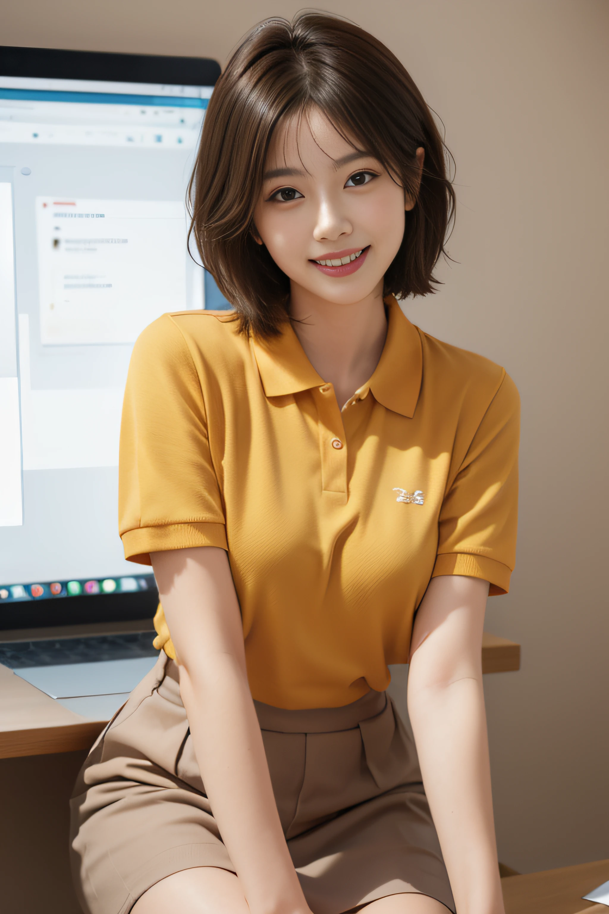 ((office)), lewd smile、(Realistic、Realistic:1.37)、(masterpiece)、(Highest quality:1.4)、(超A high resolution:1.2)、(RAW Photos:1.2)、(Sharp focus:1.3)、(stand:1.2)、elegant、(Whole Body Ezbian:1.2)、(Girl wearing a polo shirt and skirt:1.3)、Bangs、Very cute Japanese girl、(A faint smile:1.3)、(Makes hair shine:1.3)、Short pleated skirt、