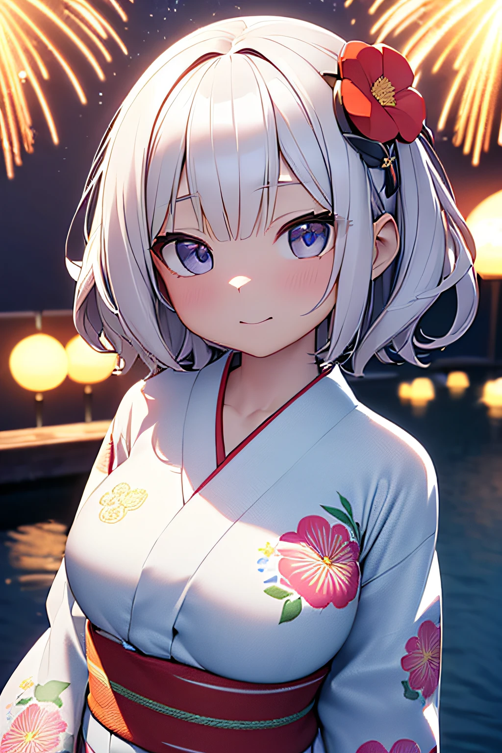 (3D chibi animation:1.3),(Chibi Chara:1.3),(Chibi;1.3),Fantasy worldview,Cute and beautiful girl,Cute round face,Cute smile,large full breasts,(Wearing a yukata with a floral pattern on white fabric:1.3),Fireworks in the sky on riverbank background at night,Short hair with different inner colors: silvery white and orange,messy and stupid hair,Extreme close-up face,profetional lighting,Cinematic Light,(masutepiece,top-quality,Ultra-high resolution output image,) ,(The 8k quality,),(Sea Art 2 Mode:1.3),,(Image Mode Ultra HD,)
