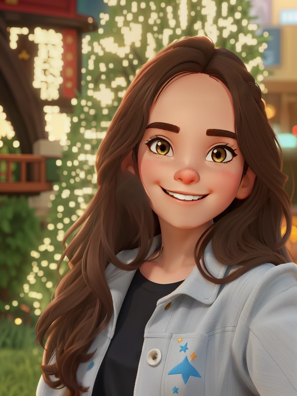 girl smiling long hair brown making selfie background bokeh animation disney pixar