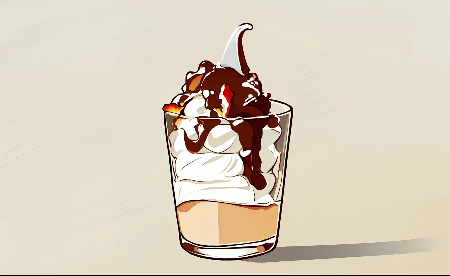 flat anime illustration of a dessert in a glass with a banana and chocolate topping, whipped cream, dessert, caramel, ice cream on the side, award - winning crisp details ”, award-winning crisp details”, vanilla, delightful, ice cream, milkshake, by Kiyoshi Yamashita, chocolate sauce, fuji choco, whipped cream on top, crisp and sharp, by Tadashi Nakayama