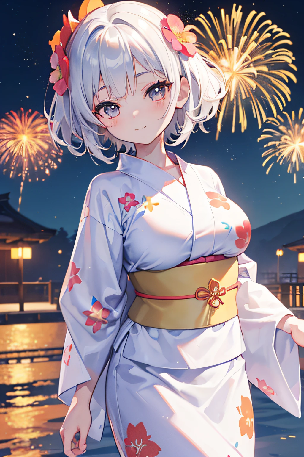 (((((Completely naked))))) ((((Summer festival　Showing nipples　woman器を見せる　Hot face　kimono))))　(((Gray Hair　short hair　blue eyes　woman　sexy　Teasing the nipples)))，((night　Fireworks))，(smile)，Open your mouth　Shining Background　Shining Edges