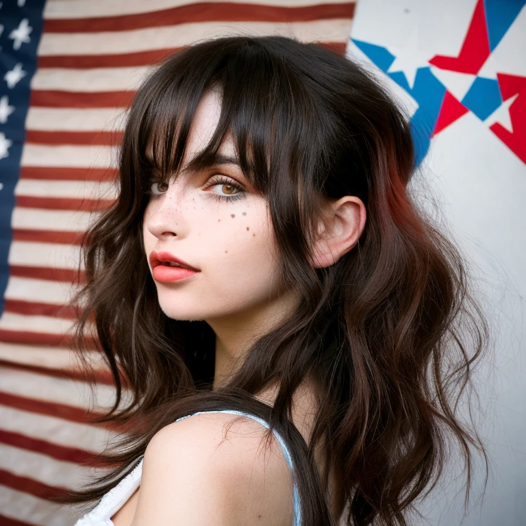 chica realista americana con cabello pelirrojo, pecas en la cara, y de estatura media mostrando debajo del pecho