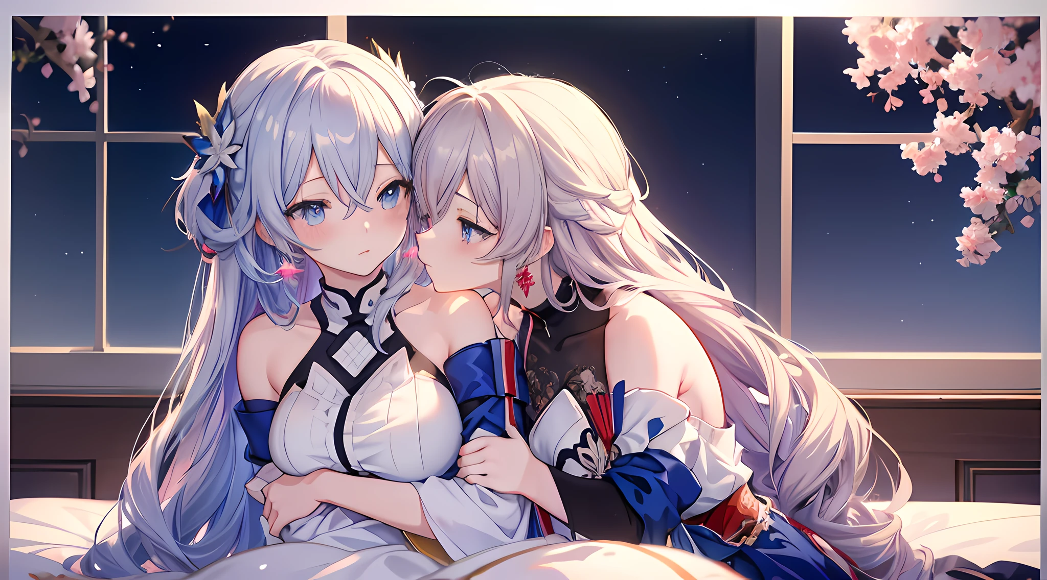 anime image of two girls in honkai star rail style outfit hugging on a bed, (beautiful detailed eyes:1.6), touching breast, groping, two beautiful anime girls, seductive anime girl, 4k anime wallpaper, artwork in the style of guweiz, anime wallpaper 4k, anime wallpaper 4 k, ecchi anime style, lesbian art, smooth anime cg art, anime style 4k, kissing together cutely