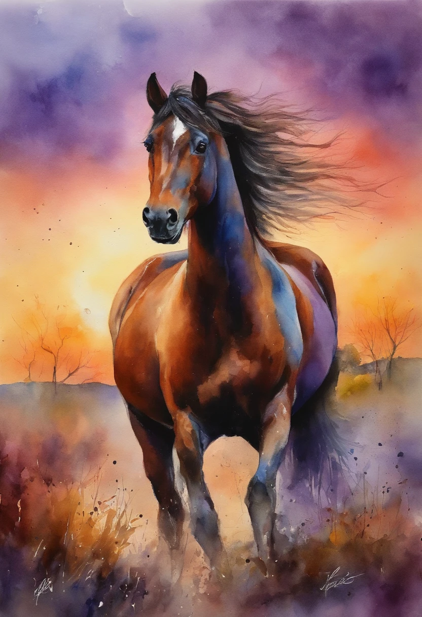 Campo verde, cavalo, blue and purple sunset. Alta qualidade